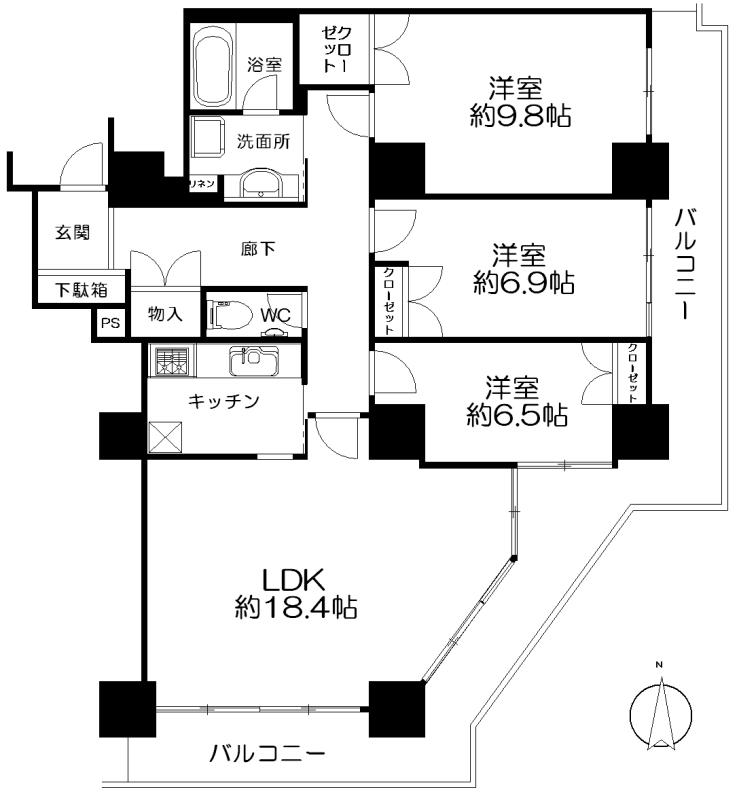 Floor plan. 3LDK, Price 14.8 million yen, Footprint 95.3 sq m , Balcony area 28.76 sq m floor plan