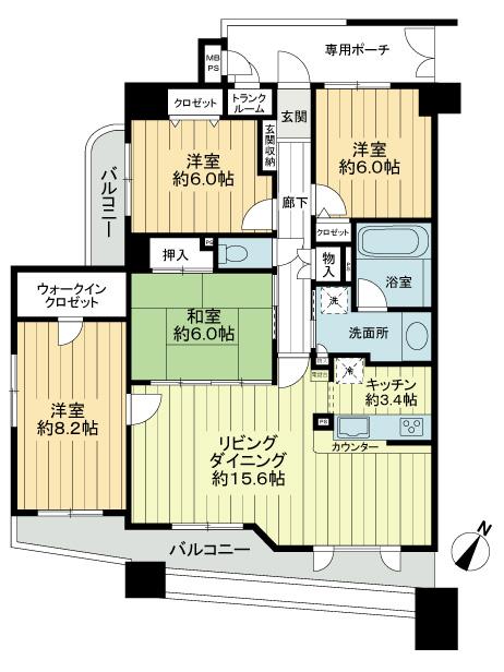 Floor plan. 4LDK, Price 34,900,000 yen, Footprint 100.95 sq m , Balcony area 16.87 sq m 4LDK