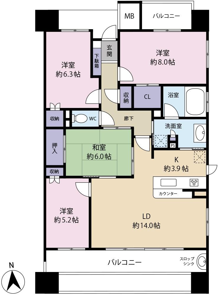 Floor plan. 4LDK, Price 39,800,000 yen, Occupied area 95.82 sq m , Balcony area 21.05 sq m