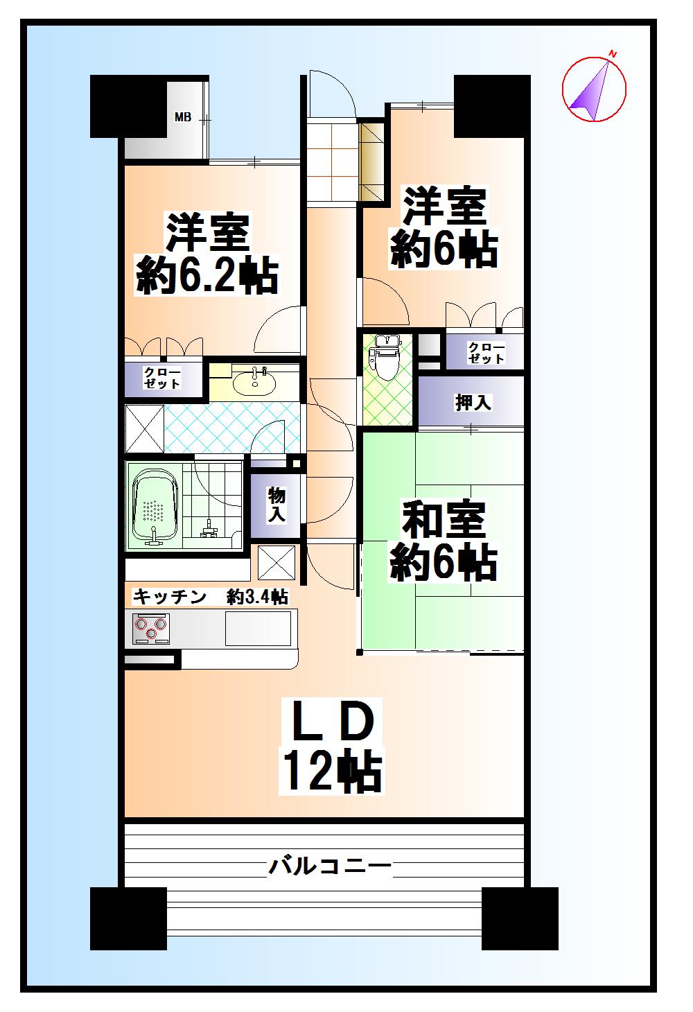 Floor plan. 3LDK, Price 31,800,000 yen, Occupied area 75.27 sq m , Balcony area 13.2 sq m