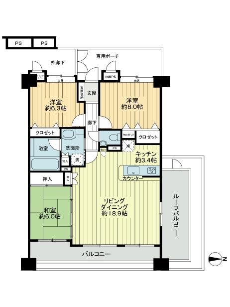 Floor plan. 3LDK, Price 29,800,000 yen, Occupied area 90.74 sq m , Balcony area 13.56 sq m 3LDK