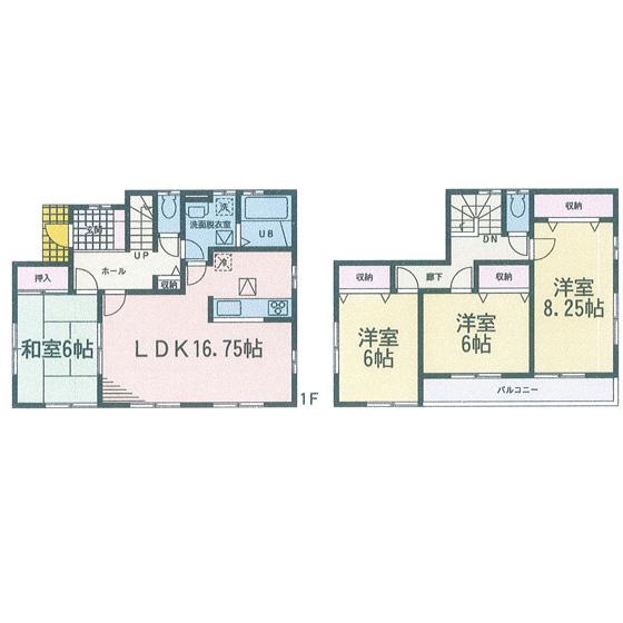 Floor plan. (1 Building), Price 43,800,000 yen, 4LDK, Land area 128.37 sq m , Building area 105.15 sq m