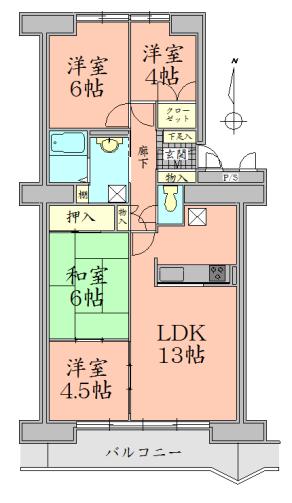 Floor plan. 4LDK, Price 13.8 million yen, Occupied area 78.15 sq m , Balcony area 16.75 sq m