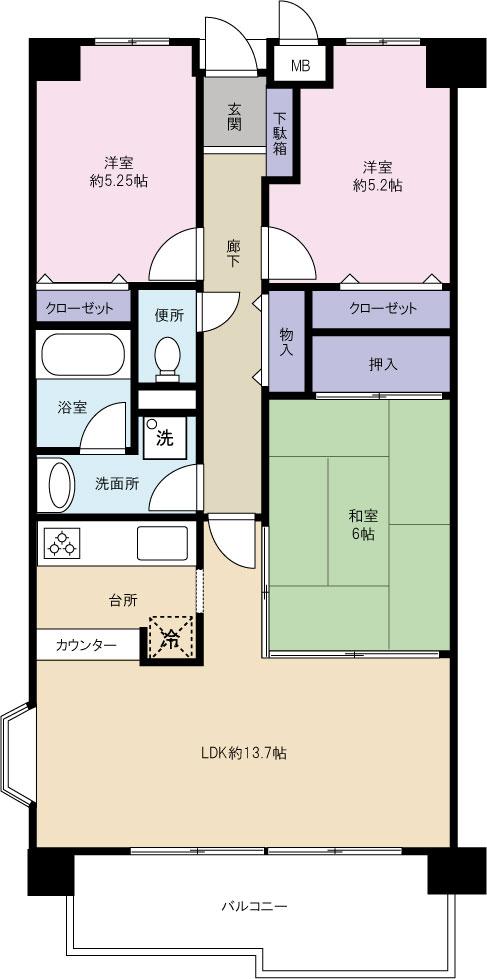 Floor plan. 3LDK, Price 27 million yen, Occupied area 67.17 sq m , Balcony area 8.54 sq m