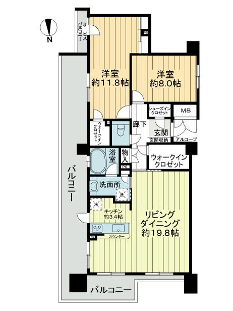 Floor plan. 2LDK, Price 39 million yen, Footprint 94.3 sq m , Balcony area 35.5 sq m 2LDK