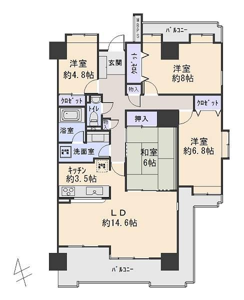 Floor plan. 4LDK, Price 21,800,000 yen, The area occupied 104.5 sq m , Balcony area 26.31 sq m