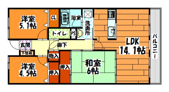 Floor plan. 3LDK, Price 14.9 million yen, Occupied area 64.25 sq m , Balcony area 8.77 sq m
