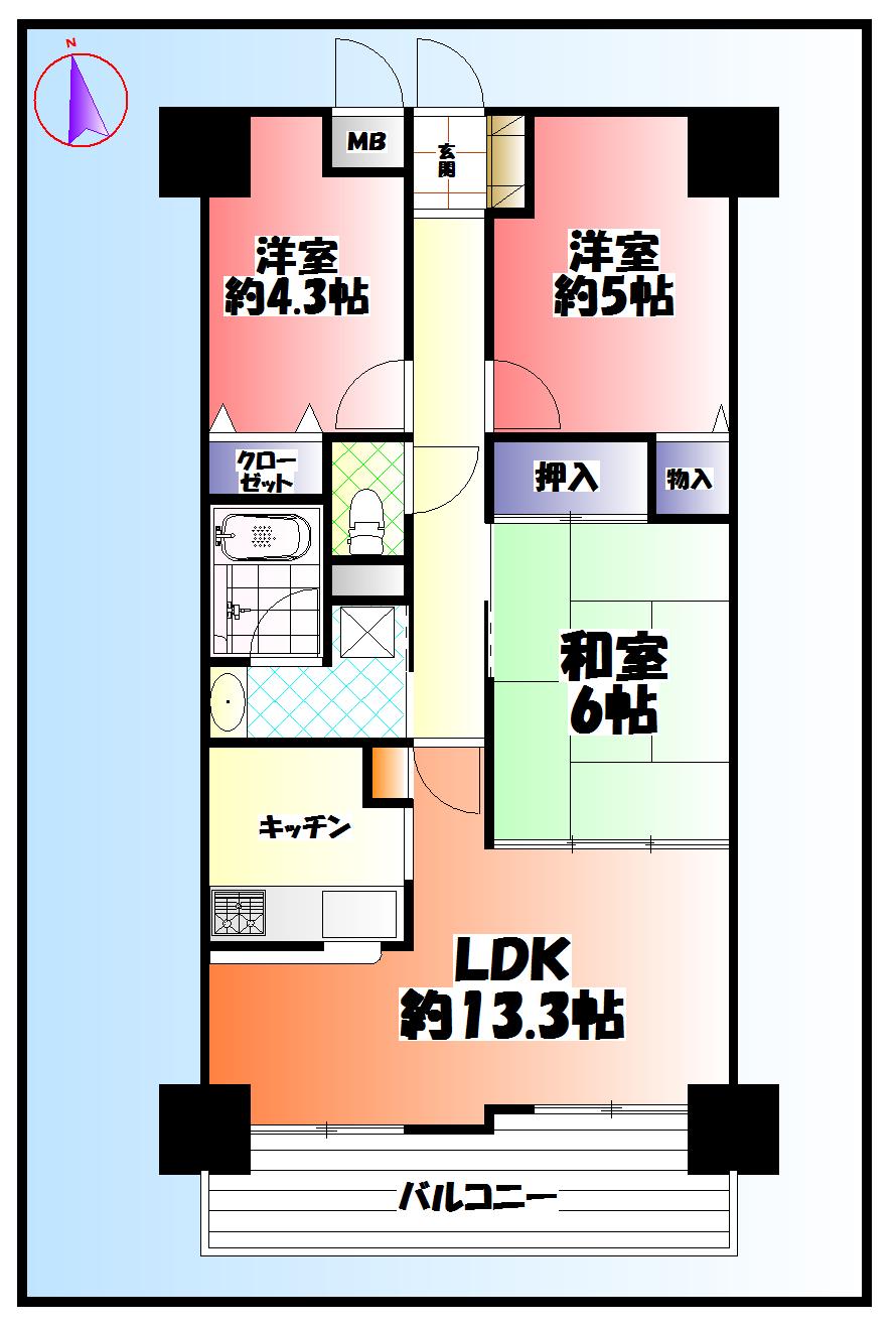 Floor plan. 3LDK, Price 14.8 million yen, Occupied area 63.99 sq m , Balcony area 8.01 sq m