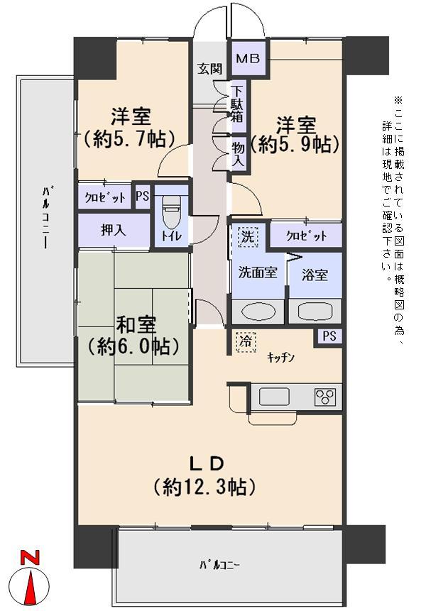 Floor plan. 3LDK, Price 23 million yen, Occupied area 74.06 sq m , Balcony area 16.69 sq m