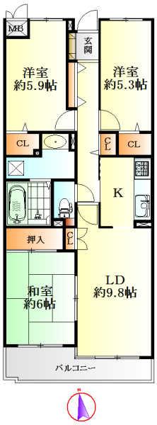 Floor plan. 3LDK, Price 19,800,000 yen, Occupied area 71.07 sq m , Balcony area 6.86 sq m