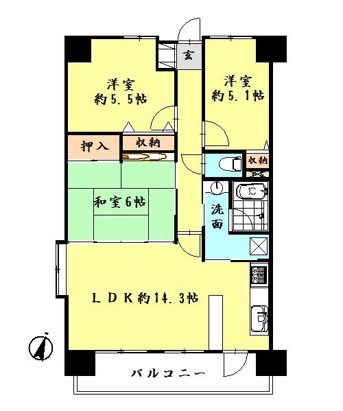 Floor plan. 3LDK, Price 16.5 million yen, Footprint 69.7 sq m , Balcony area 9.6 sq m