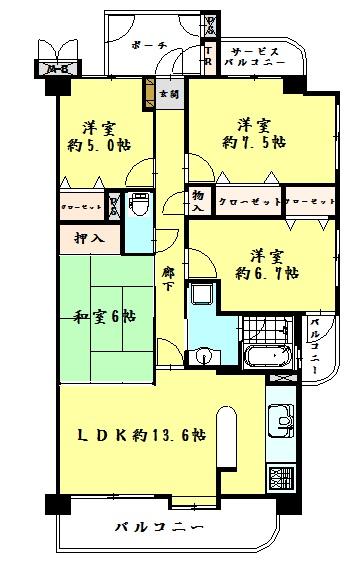 Floor plan. 4LDK, Price 17.6 million yen, Footprint 86.5 sq m , Balcony area 14.41 sq m