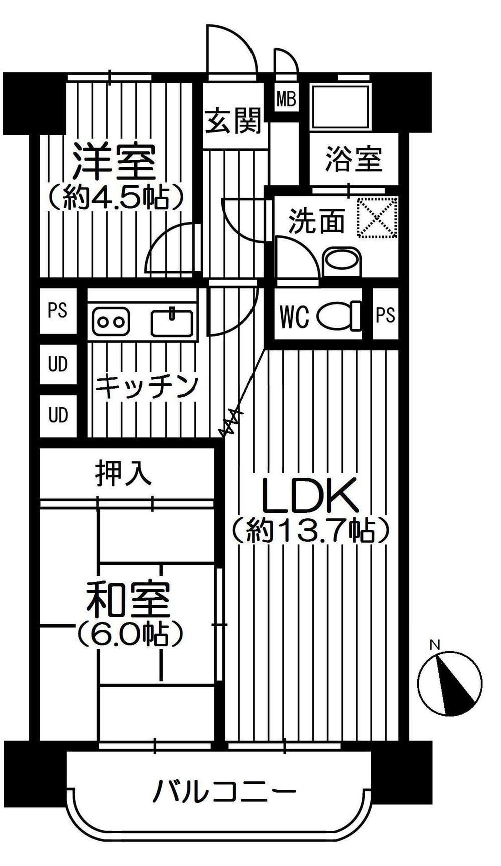 Floor plan. 2LDK, Price 7 million yen, Footprint 55 sq m , Balcony area 6.75 sq m