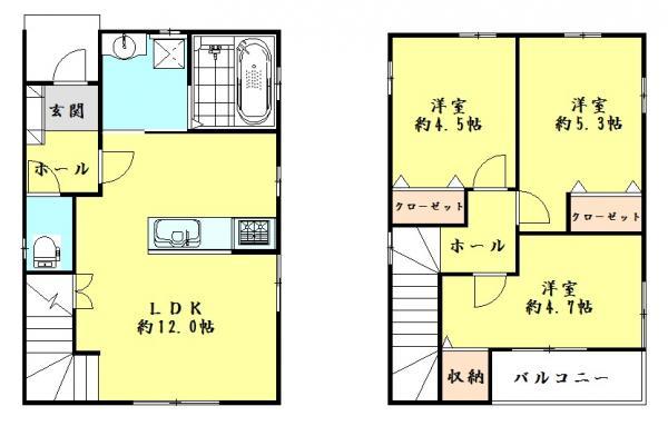 Floor plan. 27,700,000 yen, 3LDK, Land area 74.17 sq m , Building area 68 sq m