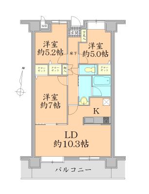 Floor plan. 3LDK, Price 21 million yen, Occupied area 66.88 sq m , Balcony area 11.34 sq m