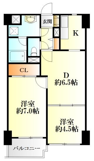 Floor plan. 2DK, Price 12.7 million yen, Footprint 45.7 sq m , Balcony area 3.08 sq m