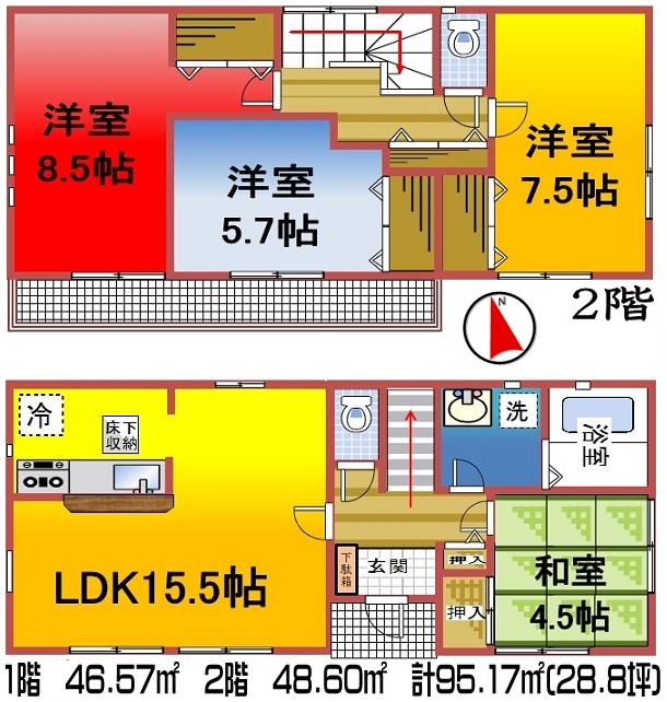 Floor plan. (6 Building), Price 14.9 million yen, 4LDK, Land area 155.82 sq m , Building area 95.15 sq m