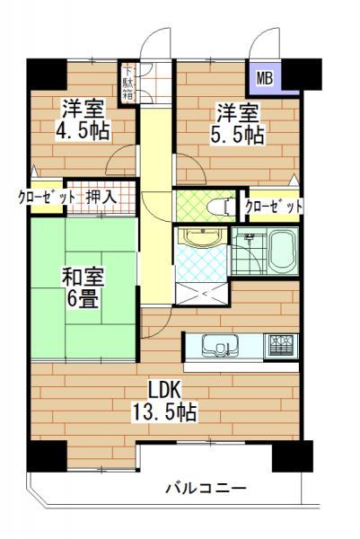 Floor plan. 3LDK, Price 12.6 million yen, Footprint 65.3 sq m , Balcony area 7.68 sq m