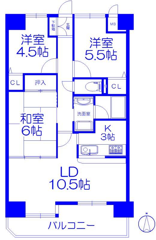 Floor plan. 3LDK, Price 12.6 million yen, Footprint 65.3 sq m , Balcony area 7.68 sq m