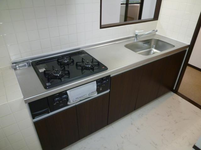 Kitchen. New three-necked gas stove in the renovated