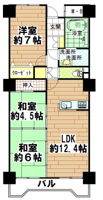 Floor plan. 3LDK, Price 11.5 million yen, Footprint 64.8 sq m , Balcony area 7.53 sq m