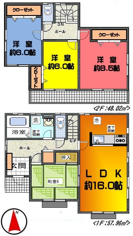 Floor plan. 25,800,000 yen, 4LDK, Land area 181.4 sq m , Building area 105.98 sq m JHS ground guarantee housing ・ Flat 35S corresponding ・ Deposit money system usage based on the residential warranty fulfillment method ・ Under the floor the entire circumference ventilation system ・ Basic packing method