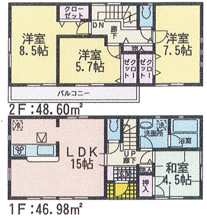Floor plan. (Building 2), Price 23,900,000 yen, 4LDK, Land area 203.63 sq m , Building area 95.58 sq m