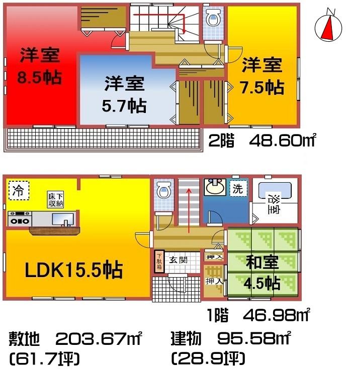 Floor plan. (Building 2), Price 23,900,000 yen, 4LDK, Land area 203.63 sq m , Building area 95.58 sq m