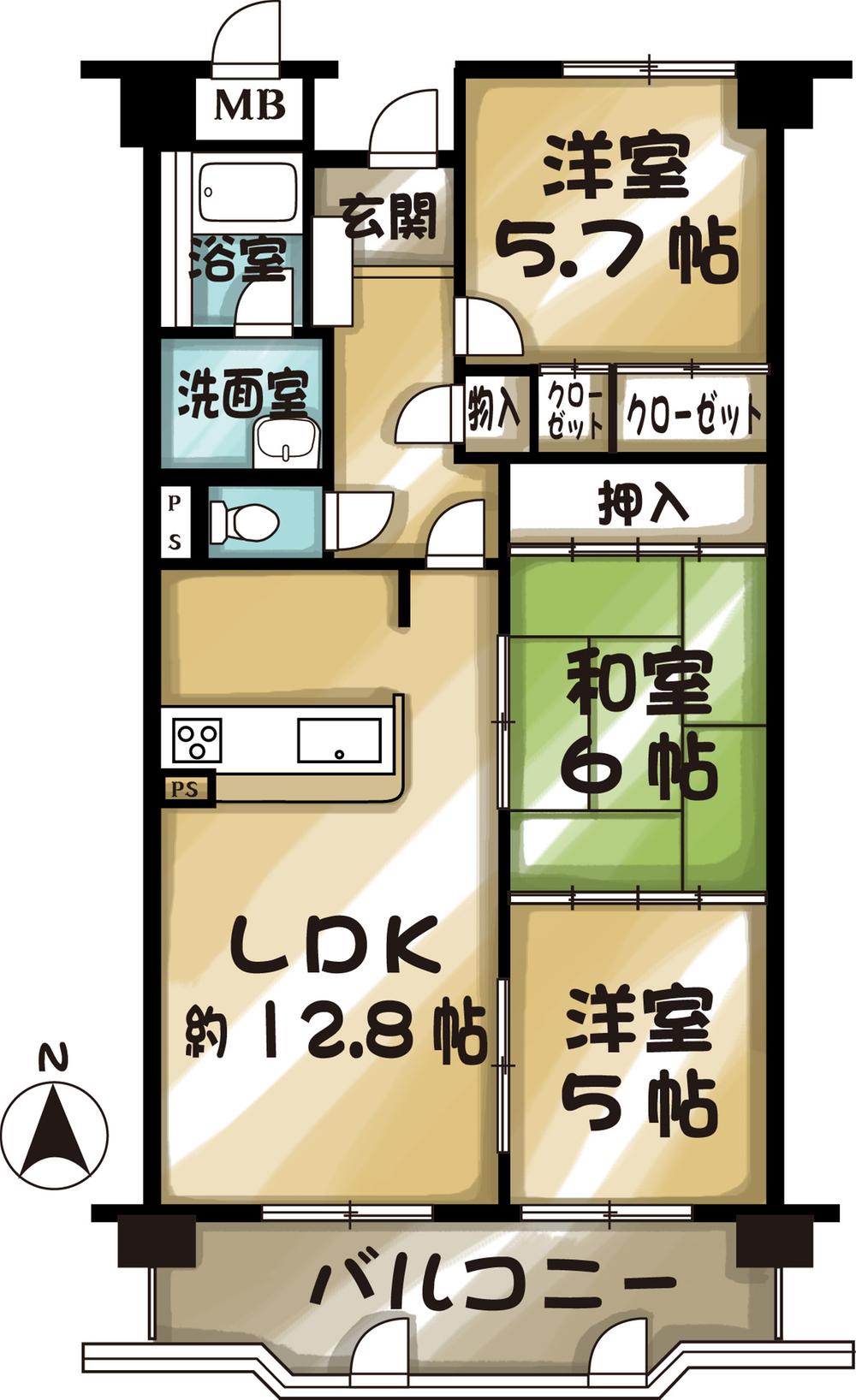 Floor plan. 3LDK, Price 12.8 million yen, Occupied area 64.36 sq m , Balcony area 10.17 sq m