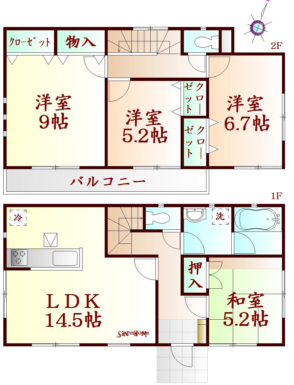 Floor plan. (1-3 Building), Price 17.8 million yen, 4LDK, Land area 197.49 sq m , Building area 95.57 sq m