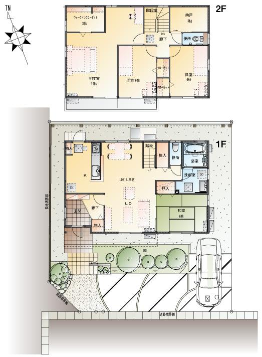 Floor plan.  [No. 1 destination] So we have drawn on the basis of the Plan view] drawings, Plan and the outer structure ・ Planting, such as might actually differ slightly from. Also, furniture ・ Car, etc. are not included in the price.