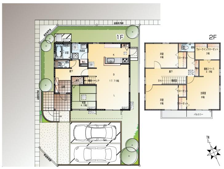 Floor plan.  [No. 2 place] So we have drawn on the basis of the Plan view] drawings, Plan and the outer structure ・ Planting, such as might actually differ slightly from. Also, The car is not included in the price.