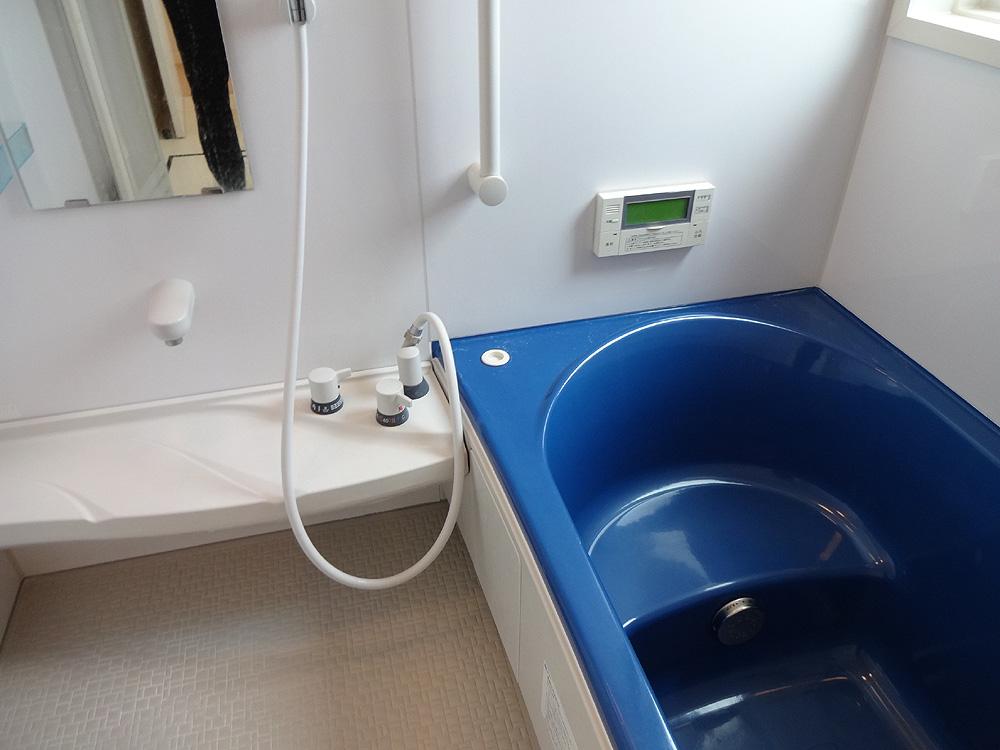 Bathroom. Blue bathtub. It is Cute.