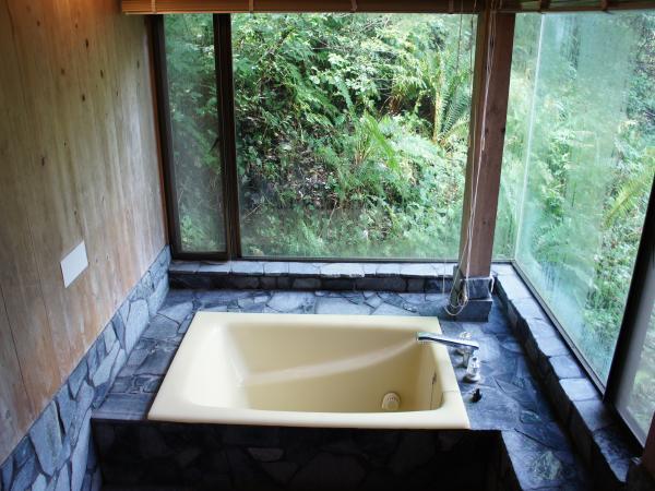Bathroom. Bathroom with a familiar likely large windows in the open-air bath mood in the forest like. It is a luxurious refresh space.
