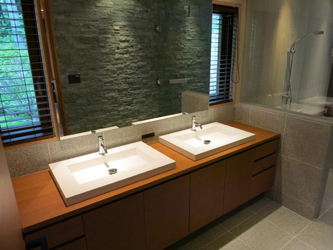 Wash basin, toilet. Stylish powder room! 