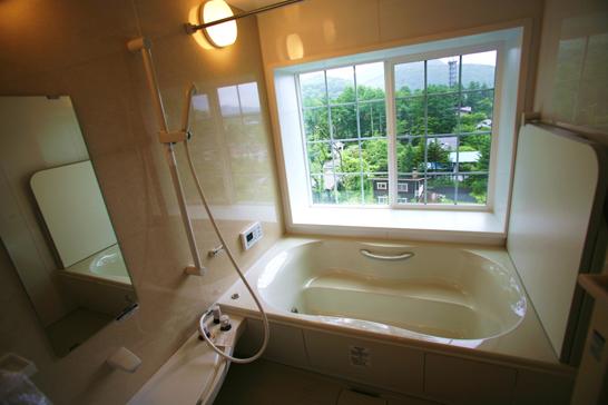 Bathroom. View from the bathroom. Bright bathroom there is a big window.