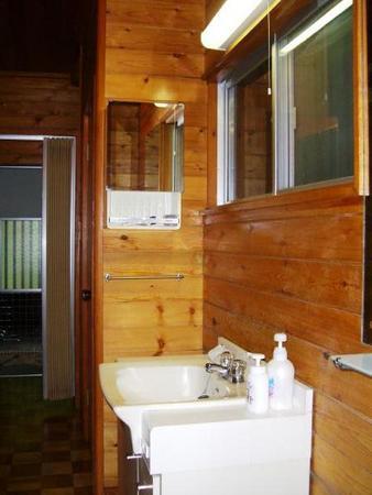 Wash basin, toilet.  State of the washroom.