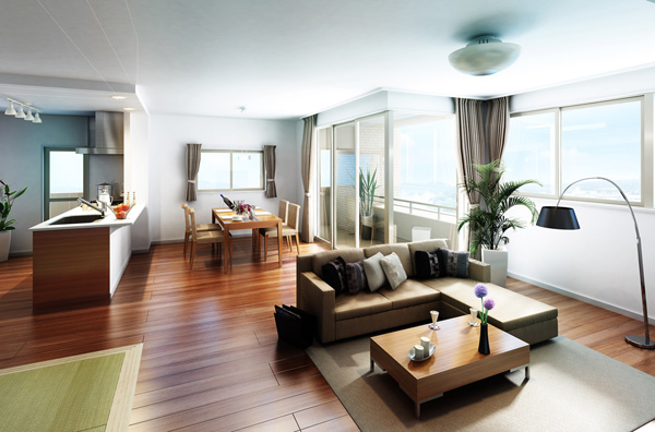Room and equipment. Open-minded about 19.3 tatami mats of living in a two-sided lighting ・ dining. With back door to the kitchen, which is out to balcony. (B type Rendering)