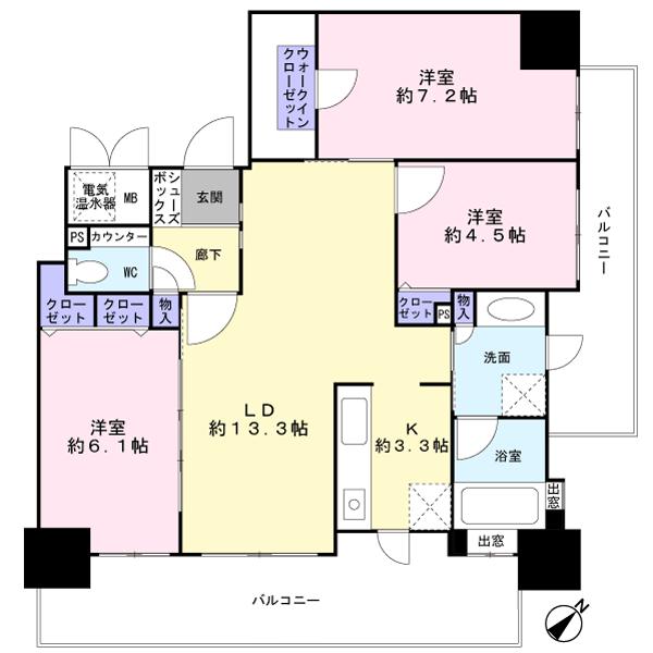 Floor plan. 3LDK, Price 28 million yen, Occupied area 73.97 sq m , Balcony area 22.87 sq m