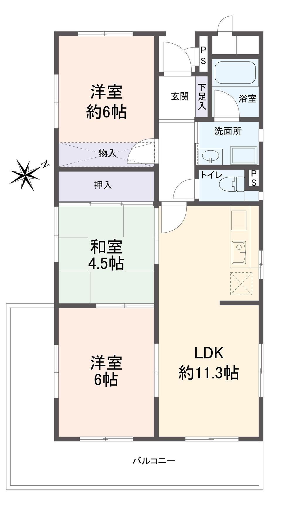 Floor plan. 3LDK, Price 7.9 million yen, Occupied area 62.99 sq m , Balcony area 14.11 sq m southeast, Spacious L-shaped balcony on the southwest side