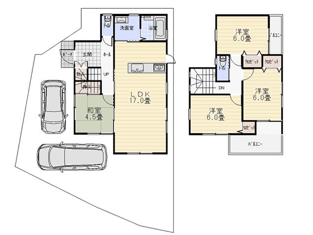 Compartment view + building plan example. Building plan example (No. 3 locations) 4LDK, Land price 13,160,000 yen, Land area 132.52 sq m , Building price 14,840,000 yen, Building area 92.57 sq m