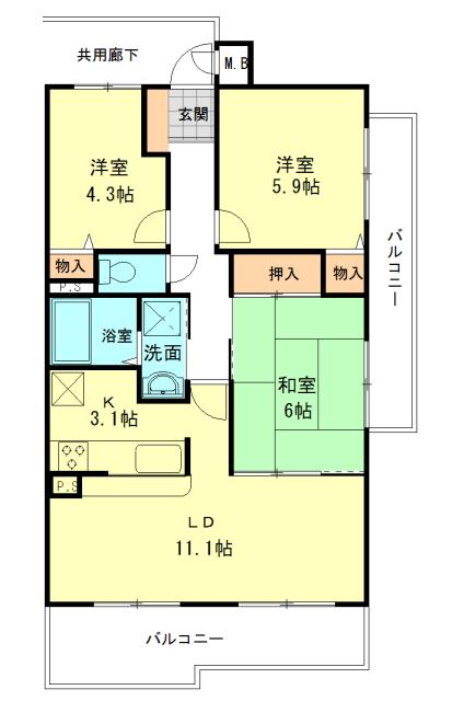 Floor plan. 3LDK, Price 5.5 million yen, Occupied area 65.43 sq m , Balcony area 16.02 sq m