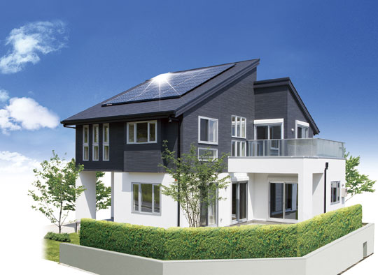 Model house photo. Kintetsu new proposal of real estate "hybrid model house" "house of the sun". And W solar panels installed on the roof, In hot-water storage unit that is installed on the ground, Into electricity, "sunlight", Hot water supply to "solar thermal" ・ And the heating, Effective use of the two natural energy