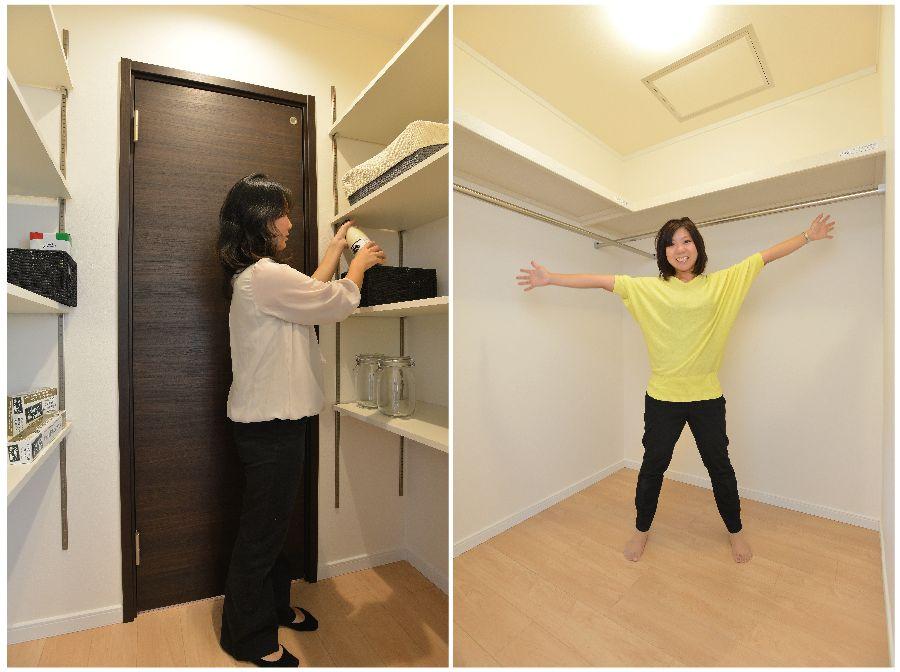 Receipt.  [Left: Pantry & linen cabinet]  kitchen ・ Between the bathroom Such as towels and ingredients Storage can be space.   [Right: walk-in closet]  The master bedroom is, 2 Pledge of space that can be used clean your room. 