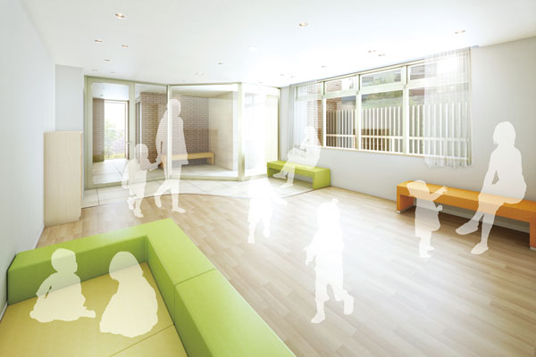 Shared facilities.  [Kids Room (Community Room 4)] For the comfort of a bench can watch the state of the child, Is a children's room to play safely in small children ※ Free of charge (Rendering)