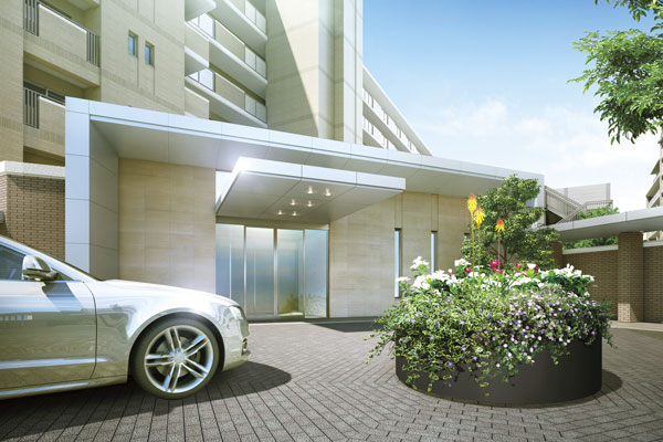 Features of the building.  [Entrance (1 Ichibankan)] It provided the entrance with porte-cochere in each residential building, Ensure adequate space for the loading and unloading of getting on and off and luggage. Sophisticated design will evoke the appropriate elegance to your pick-up (Rendering)