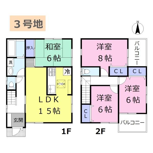 Floor plan. (3 Building), Price 20.8 million yen, 4LDK, Land area 119.15 sq m , Building area 95.58 sq m
