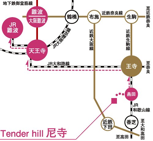 Access view. In rapid available from the nearest hatakeda station, Tennoji ・ Straight line without transfer to Namba. Also, If Norikaere next to Oji Station on JR Yamatoji rapid Osaka flights, Straight line 36 minutes from Oji to Osaka. Commute ・ It is convenient to go to school (traffic view)