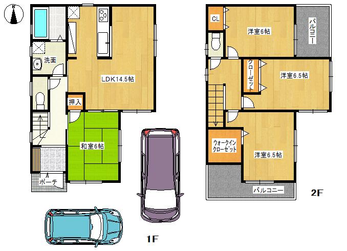 Floor plan. 21.5 million yen, 4LDK, Land area 98.08 sq m , Building area 93.15 sq m south-facing Frontal road Minamiyaku 4m