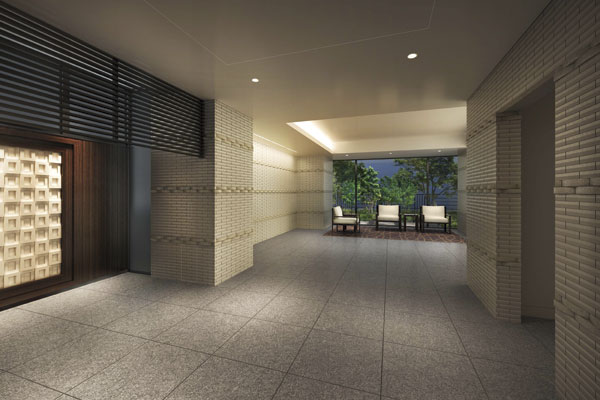 Features of the building.  [Entrance hall] Entrance hall, As if in response to the peripheral calm mansion Street, Appearance of Yingbin that and relaxation room is spread in the mind. Impressive each floor elevator hall relief wall, Hotel-like inner corridor, such as, We have quality space is Design (Rendering)